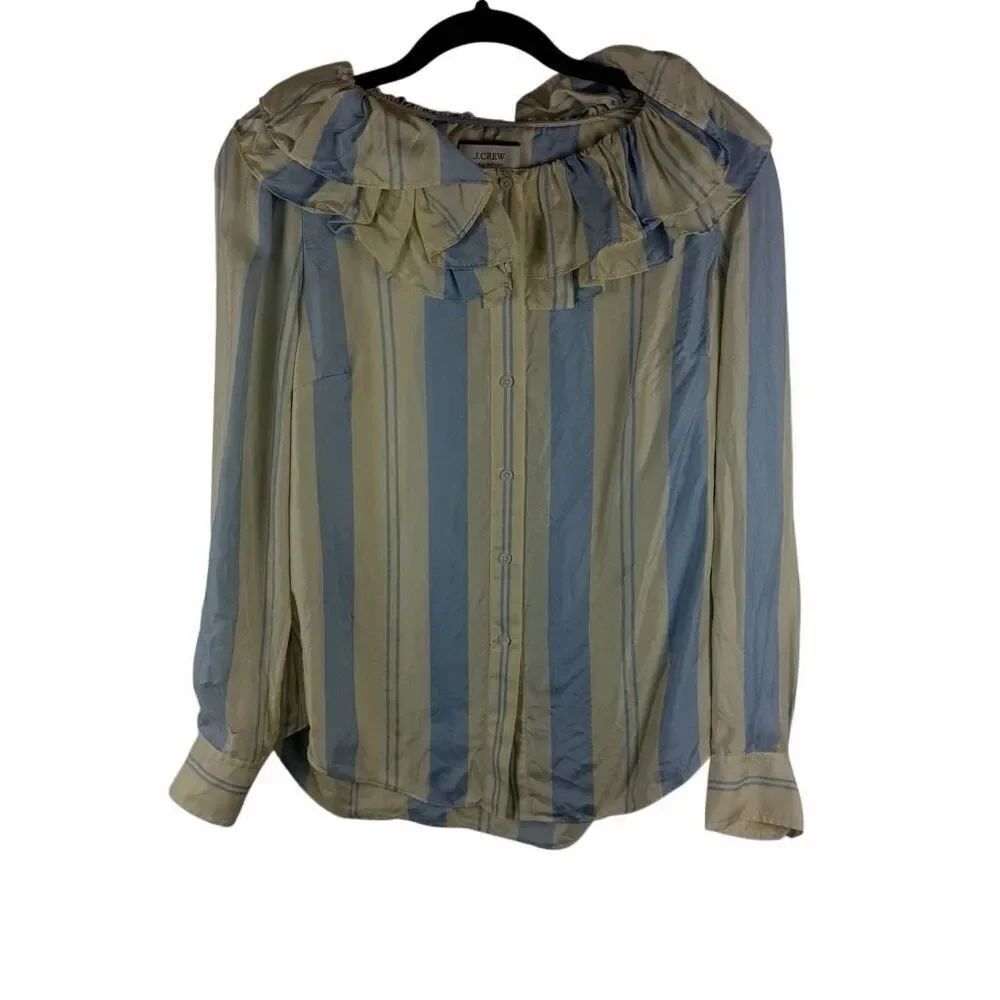 J. Crew silk blue & cream ruffle button up - size s